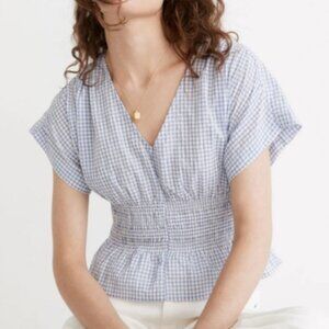 Madewell:  V-Neck, Smocked Waist, Pull-over Top in Plaid, Size L, Blue/White